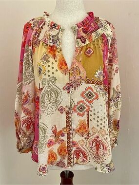 Sundance M Boho Paisley Patchwork Smocked Peasant Blouse Pink Floral
